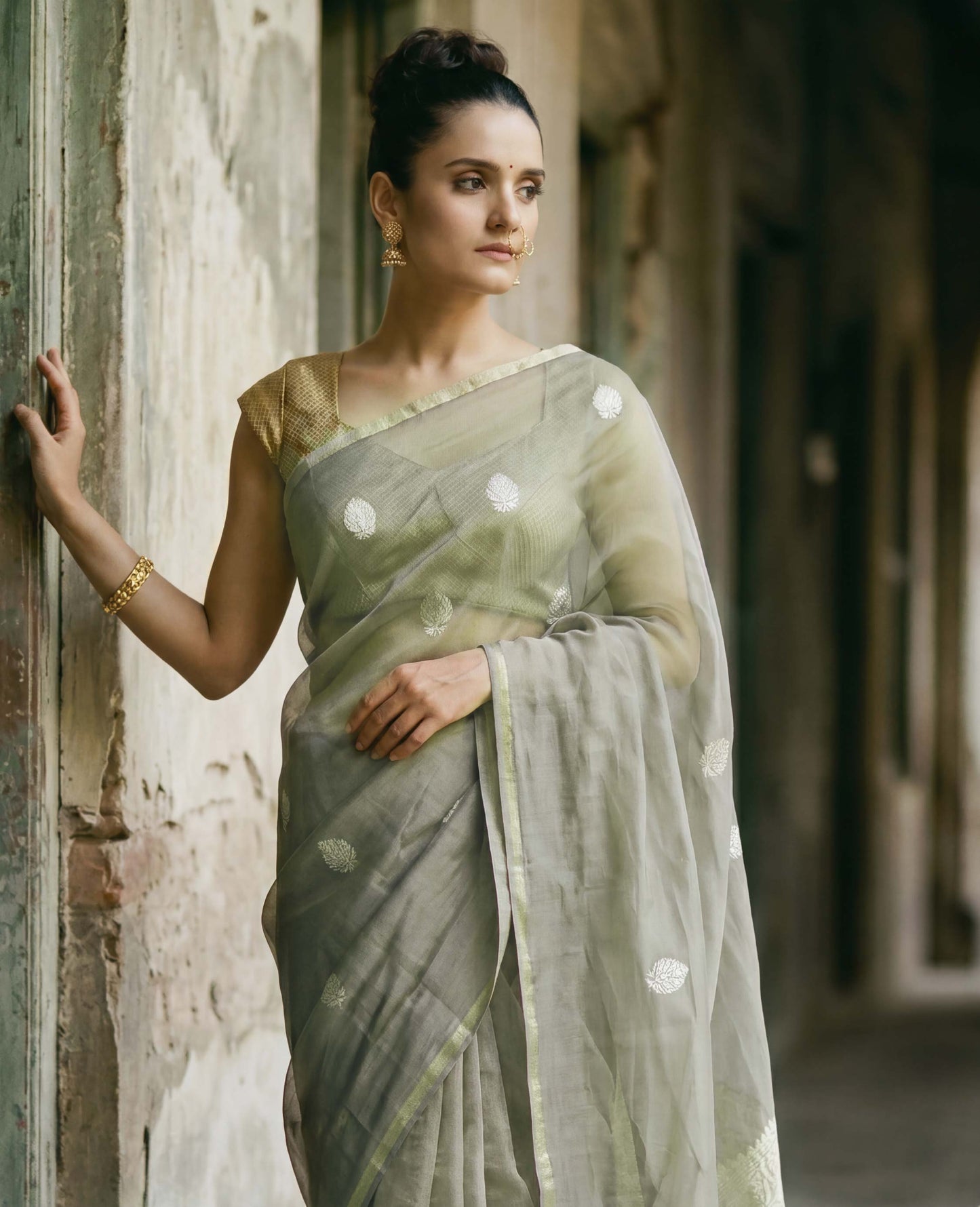 “Aab” Sage-Grey Pure Tissue Banarasi Handloom Saree