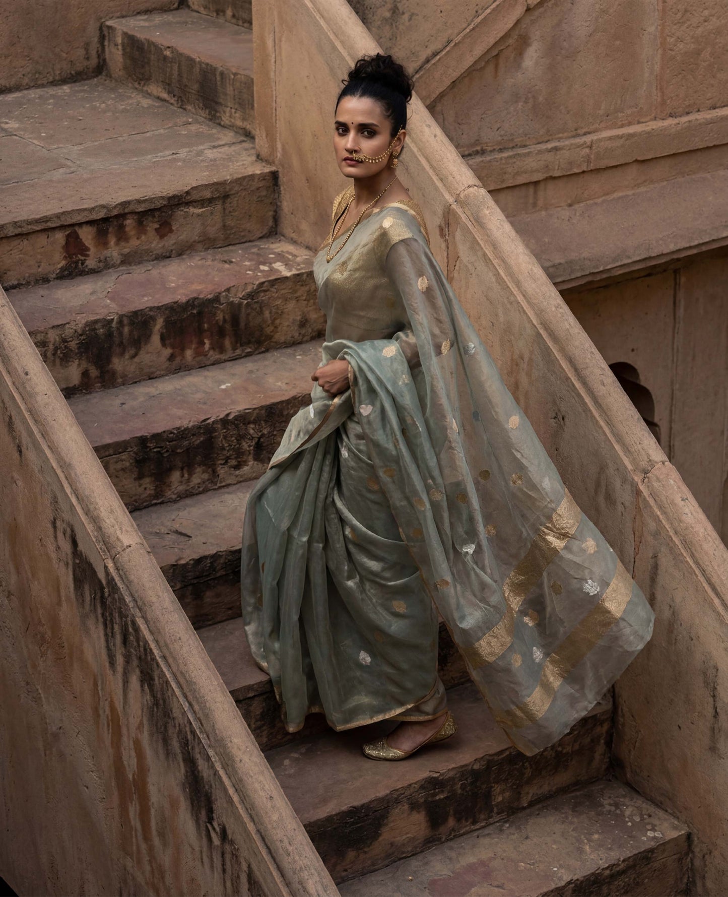 “Aab” Sage-Grey Pure Tissue Banarasi Handloom Saree