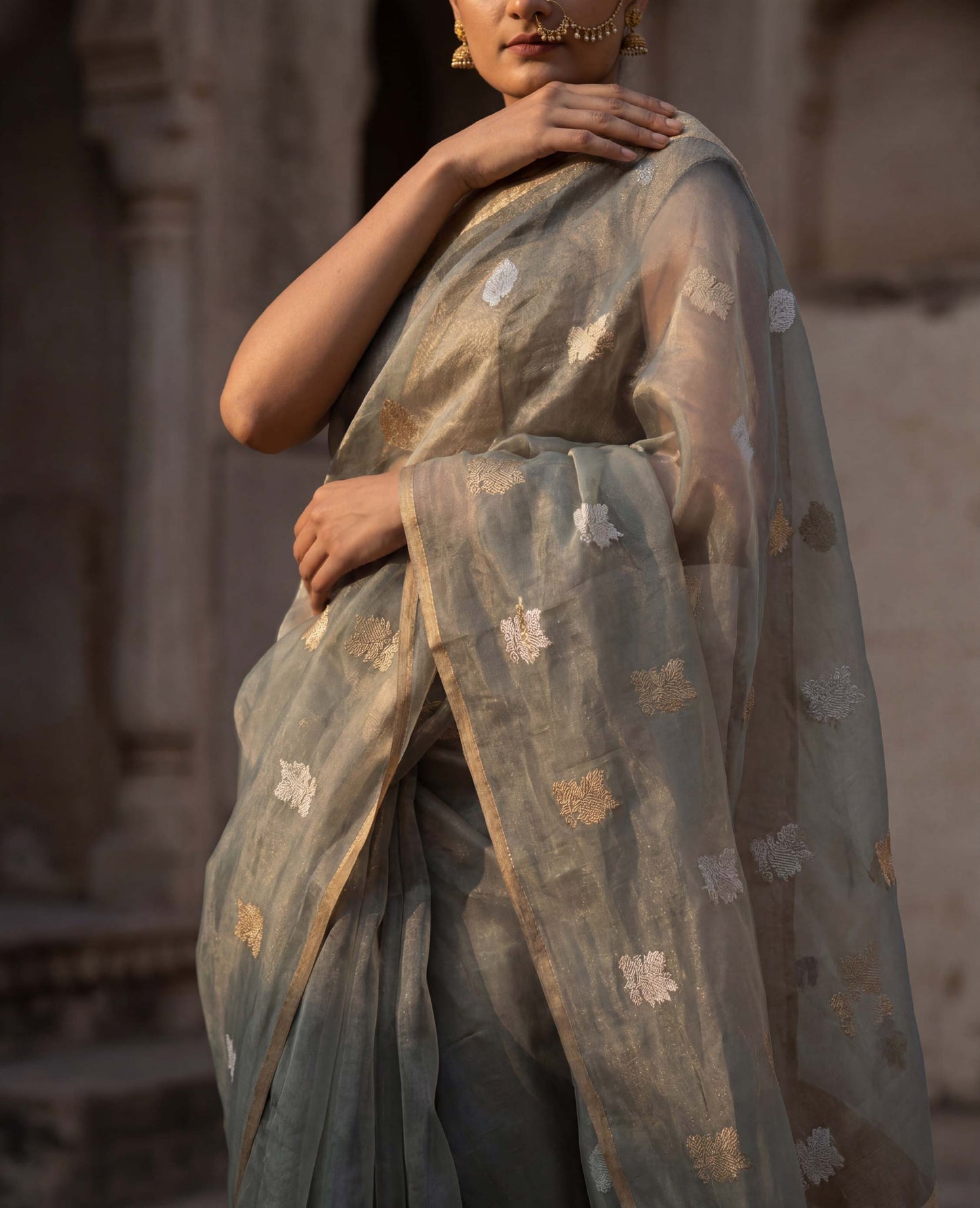“Aab” Sage-Grey Pure Tissue Banarasi Handloom Saree