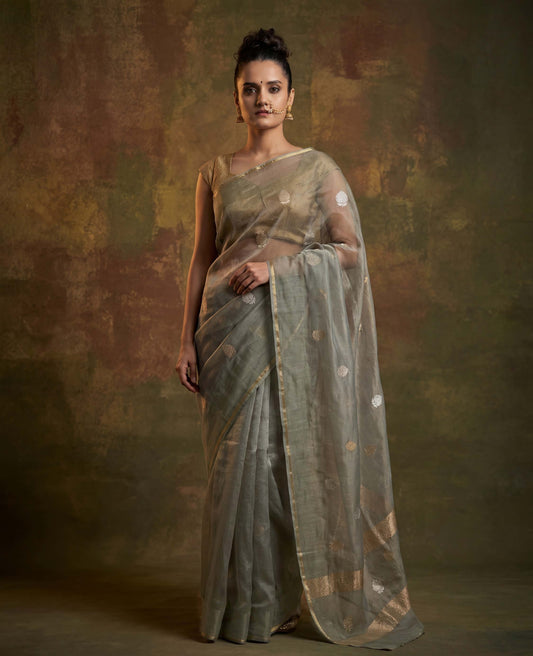 “Aab” Sage-Grey Pure Tissue Banarasi Handloom Saree