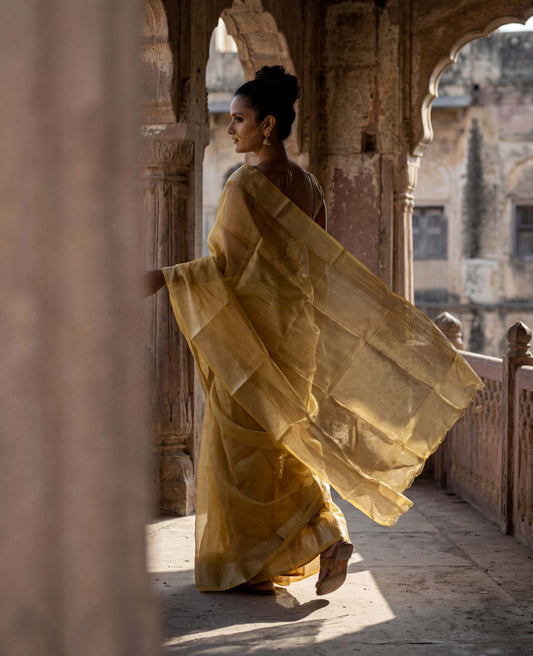 “Aahana” Yellow-Gold Pure Light Tissue Banarasi Handloom Saree