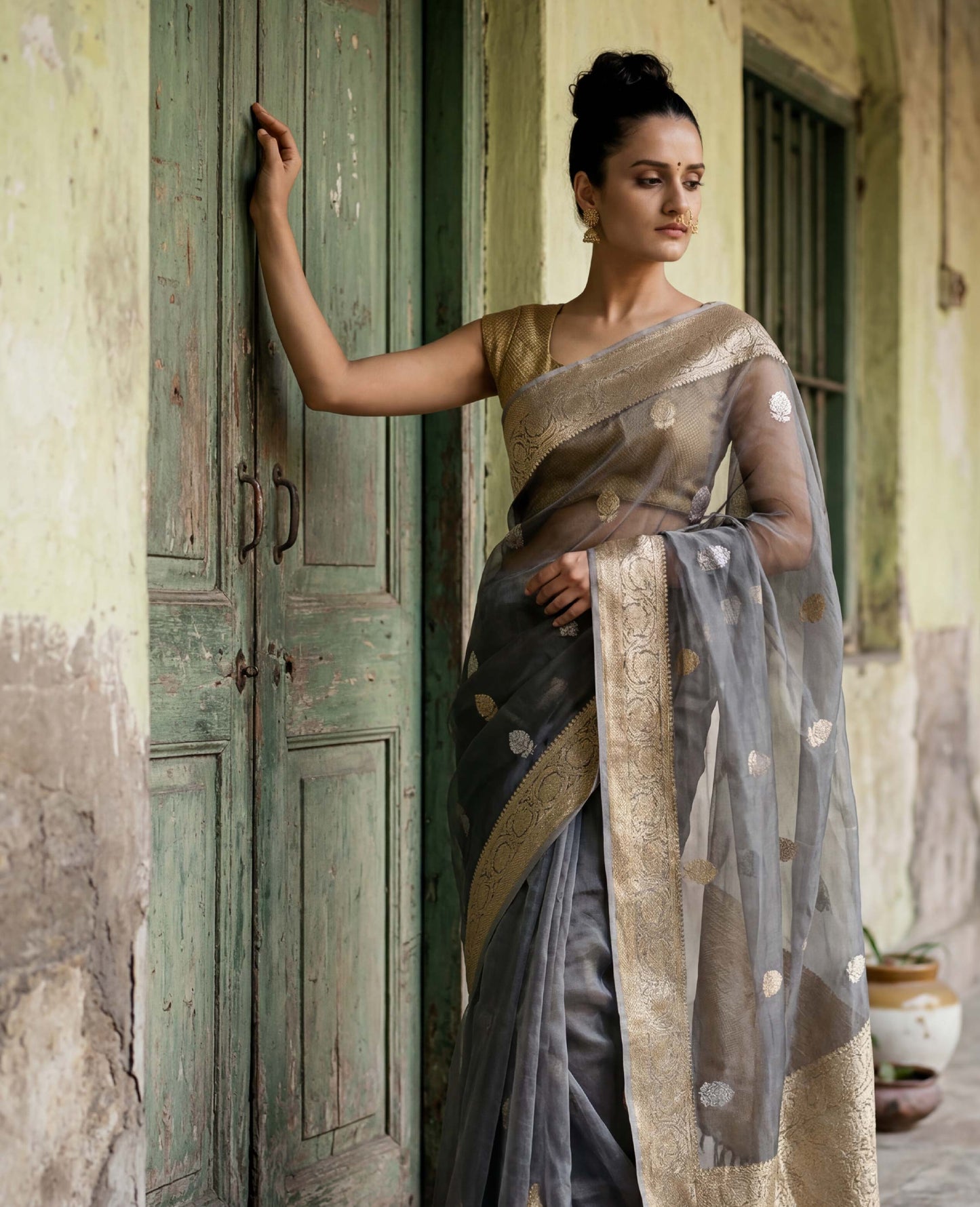 “Aks” Grey Kora Tissue Banarasi Handloom Saree
