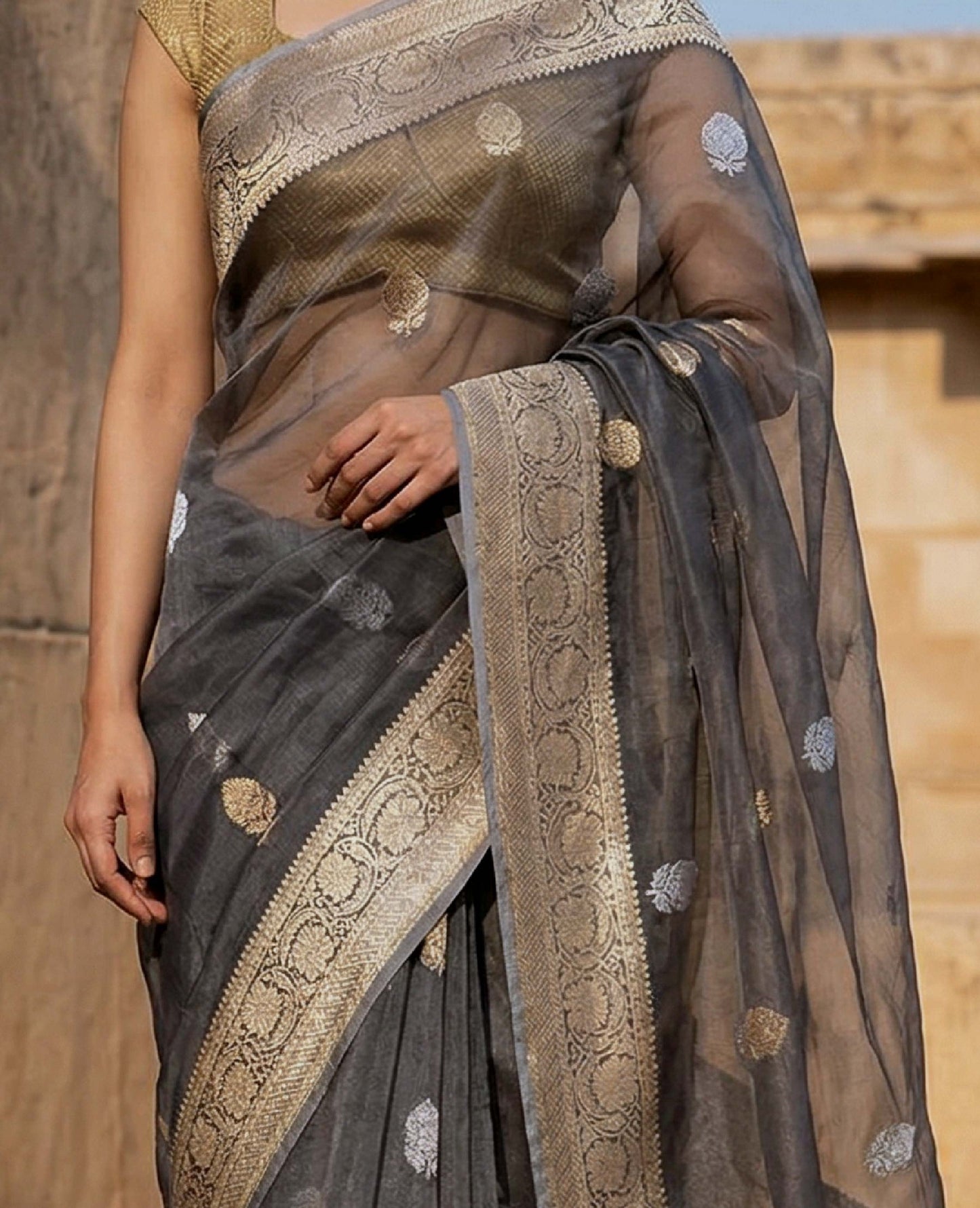 “Aks” Grey Kora Tissue Banarasi Handloom Saree