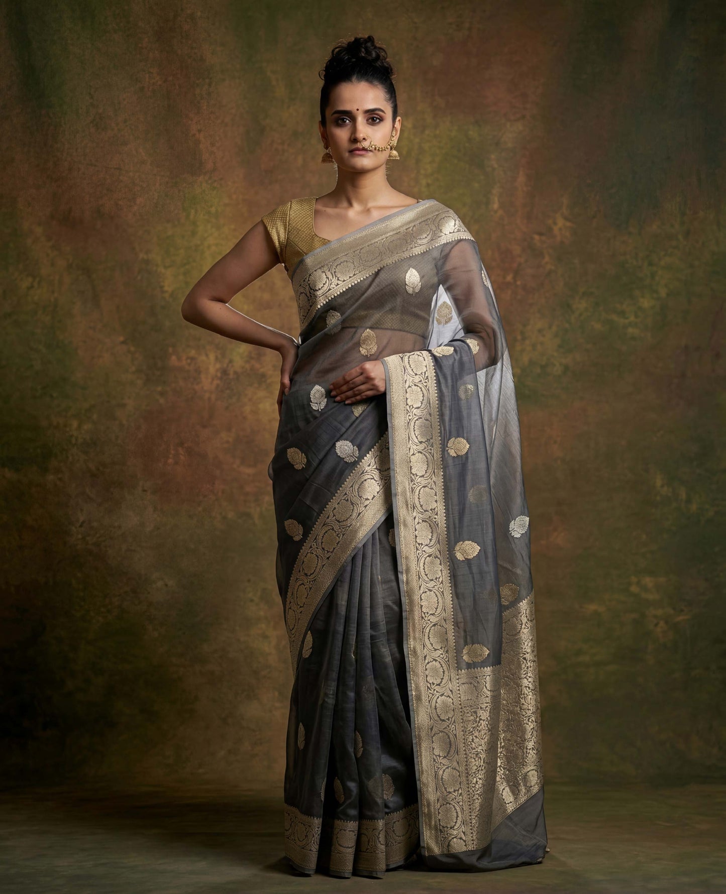 “Aks” Grey Kora Tissue Banarasi Handloom Saree