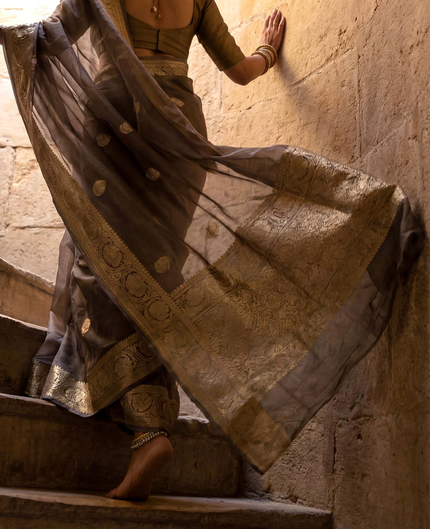 “Aks” Grey Kora Tissue Banarasi Handloom Saree