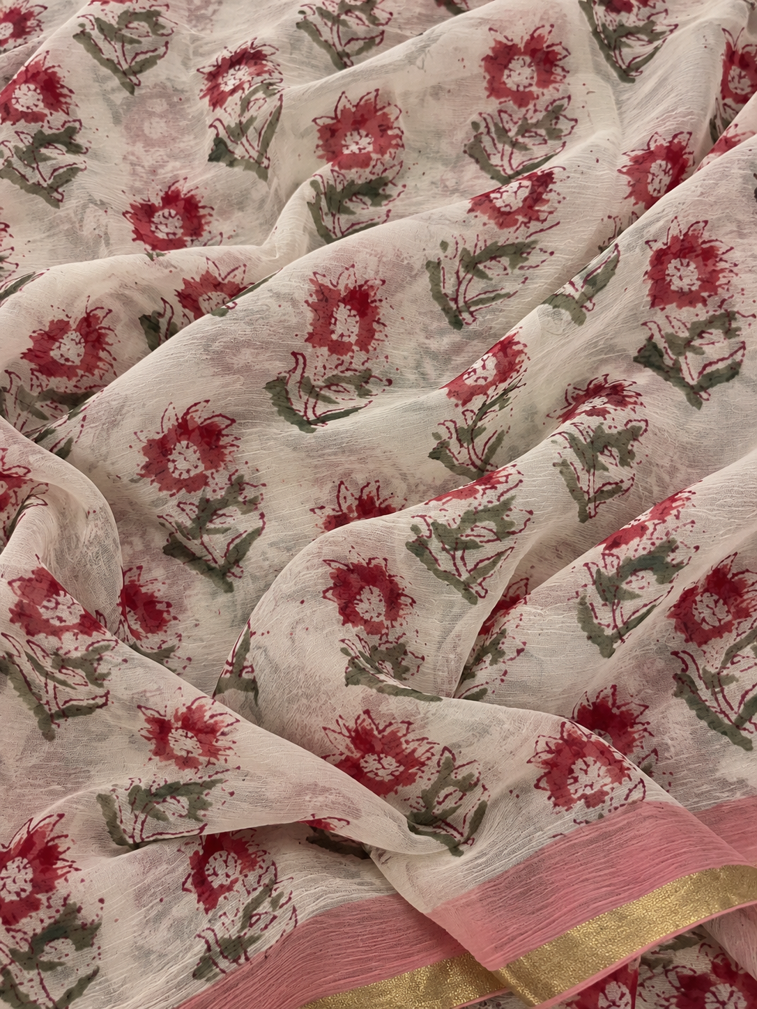 Khushi (खुशी) White & Pink Floral Hand Block Printed Pure Chiffon Saree