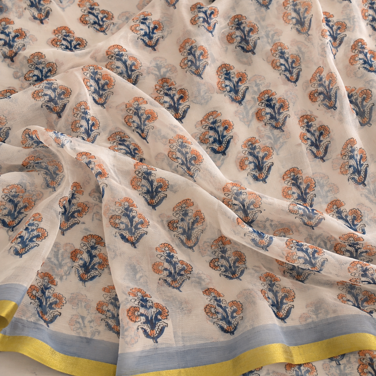 Maahi (माही) White & Blue Floral Hand Block Printed Pure Chiffon Saree