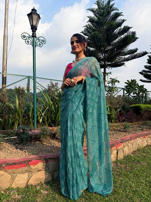 Saba (सबा) Deep Teal-Green Hand Block Printed Pure Chiffon Saree