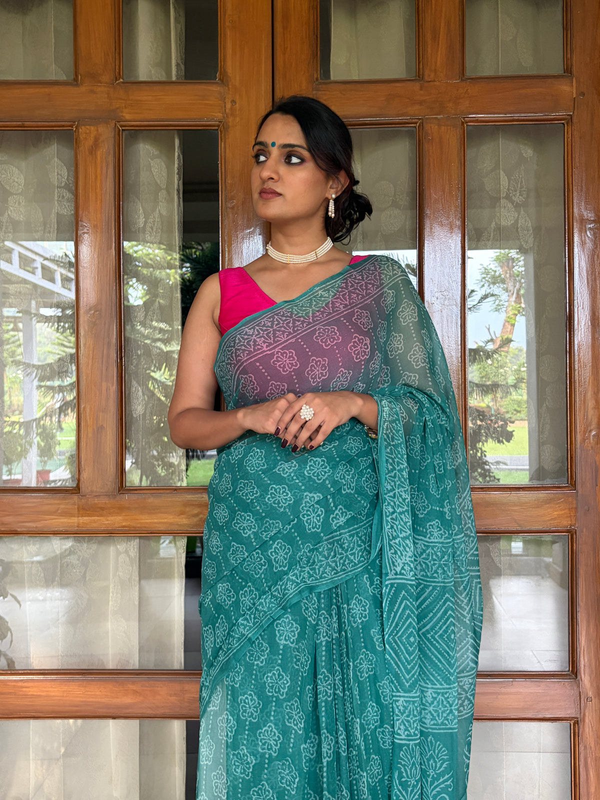 Saba (सबा) Deep Teal-Green Hand Block Printed Pure Chiffon Saree