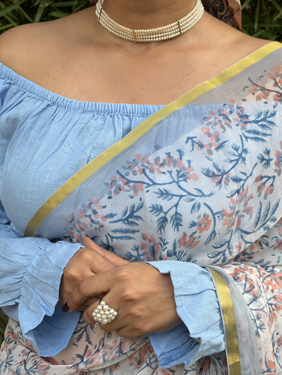 Maahi (माही) White & Blue Floral Hand Block Printed Pure Chiffon Saree