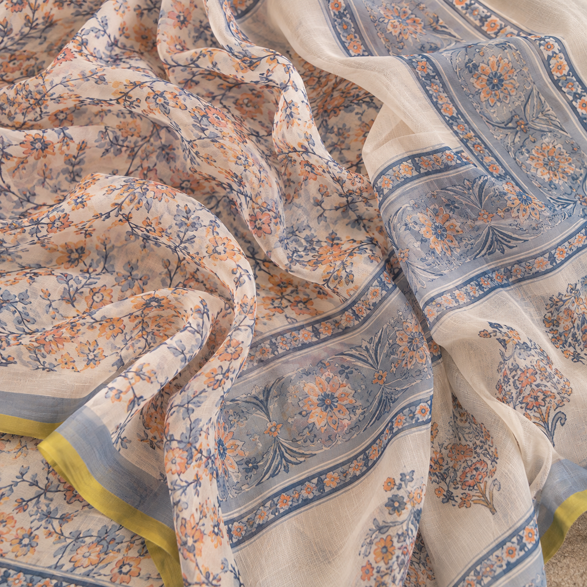 Maahi (माही) White & Blue Floral Hand Block Printed Pure Chiffon Saree