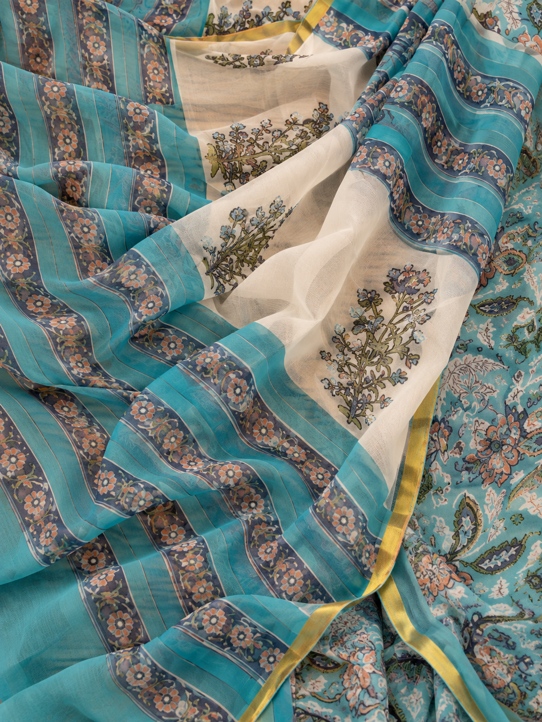 Sakhi (सखी ) Blue-Green Floral Hand Block Printed Pure Chiffon Saree