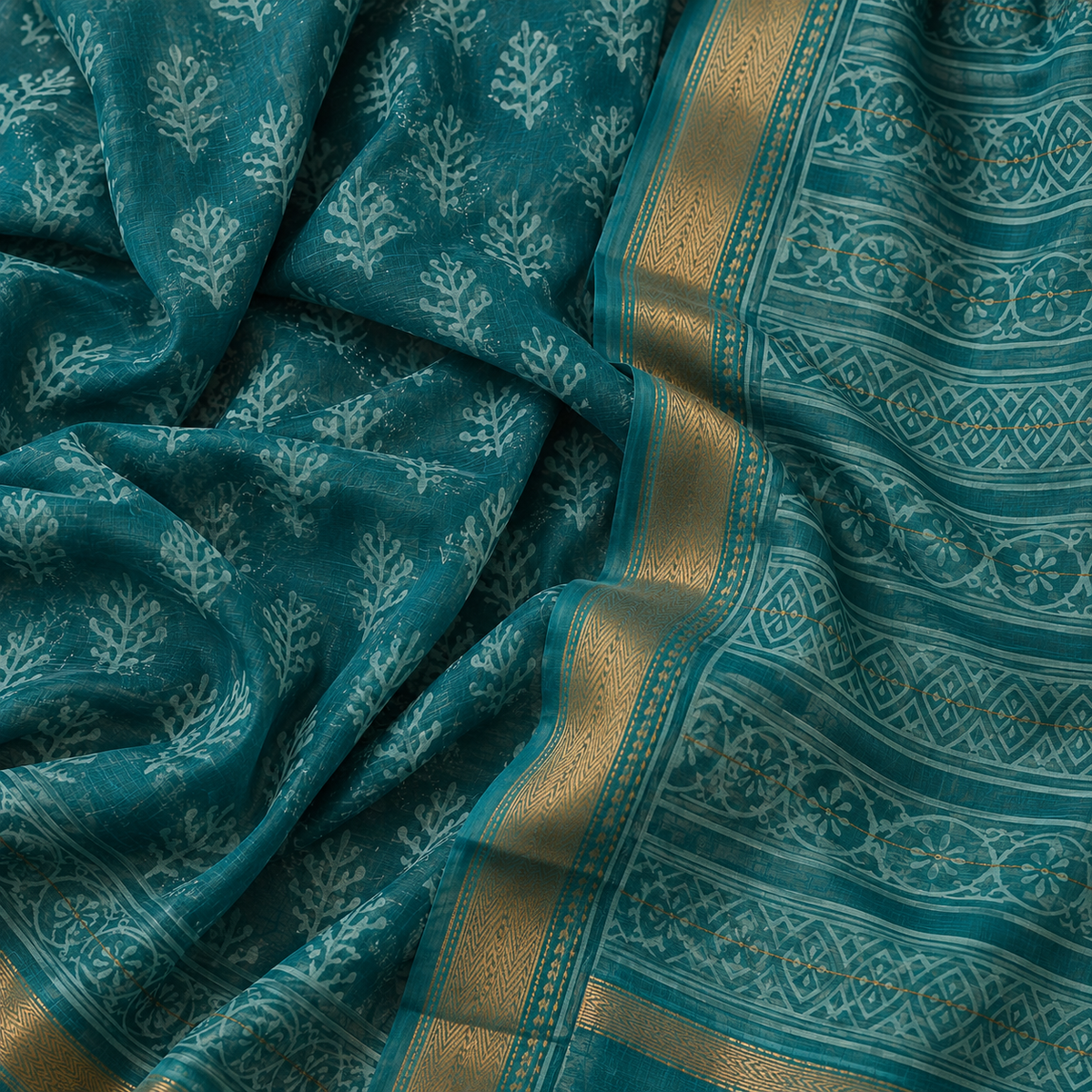 “BARKHA (बरखा) ”Teal Hand Block Printed Maheshwari Silk Saree
