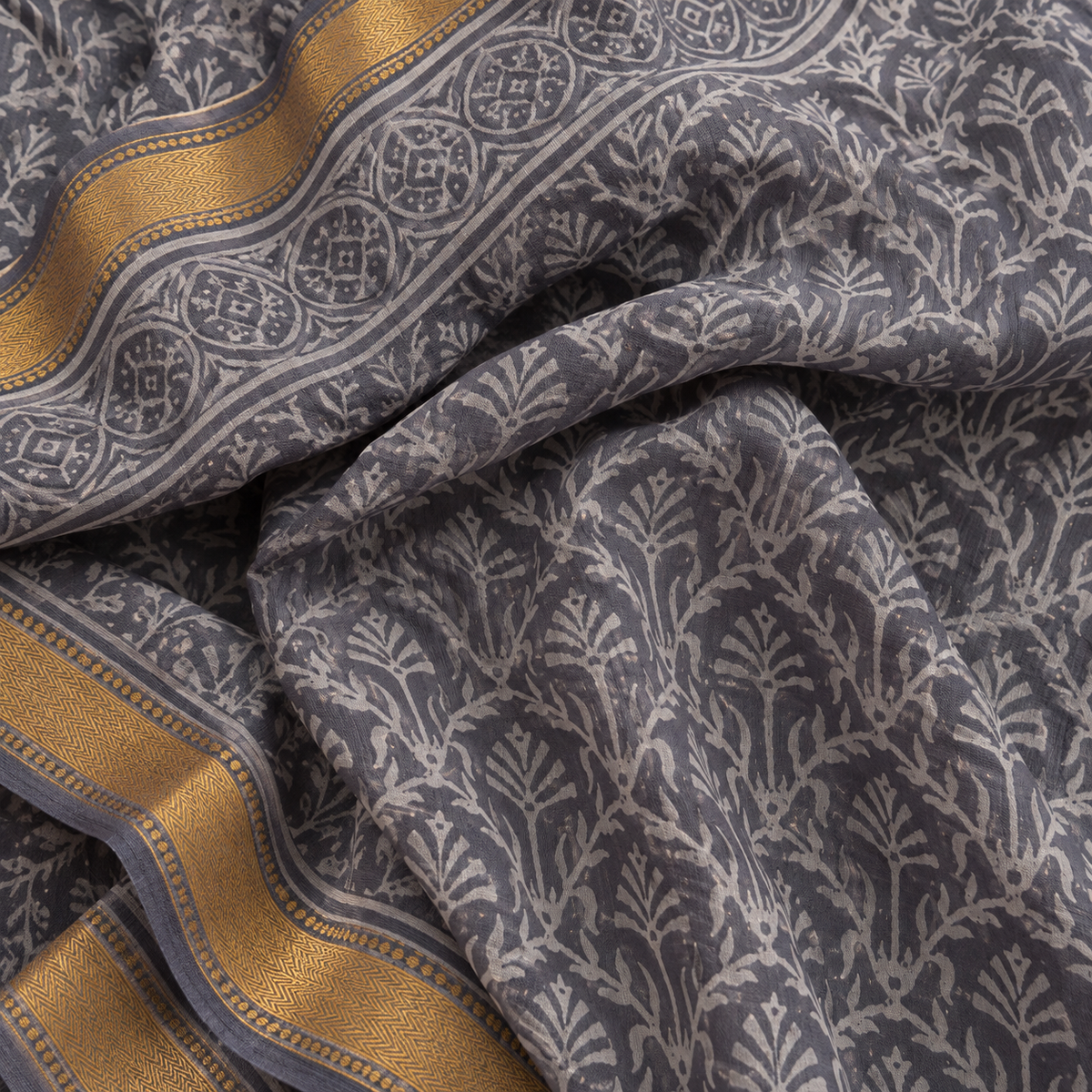 “CHHAYA (छाया ) ” Charcoal Grey Hand Block Printed Maheshwari Silk Saree