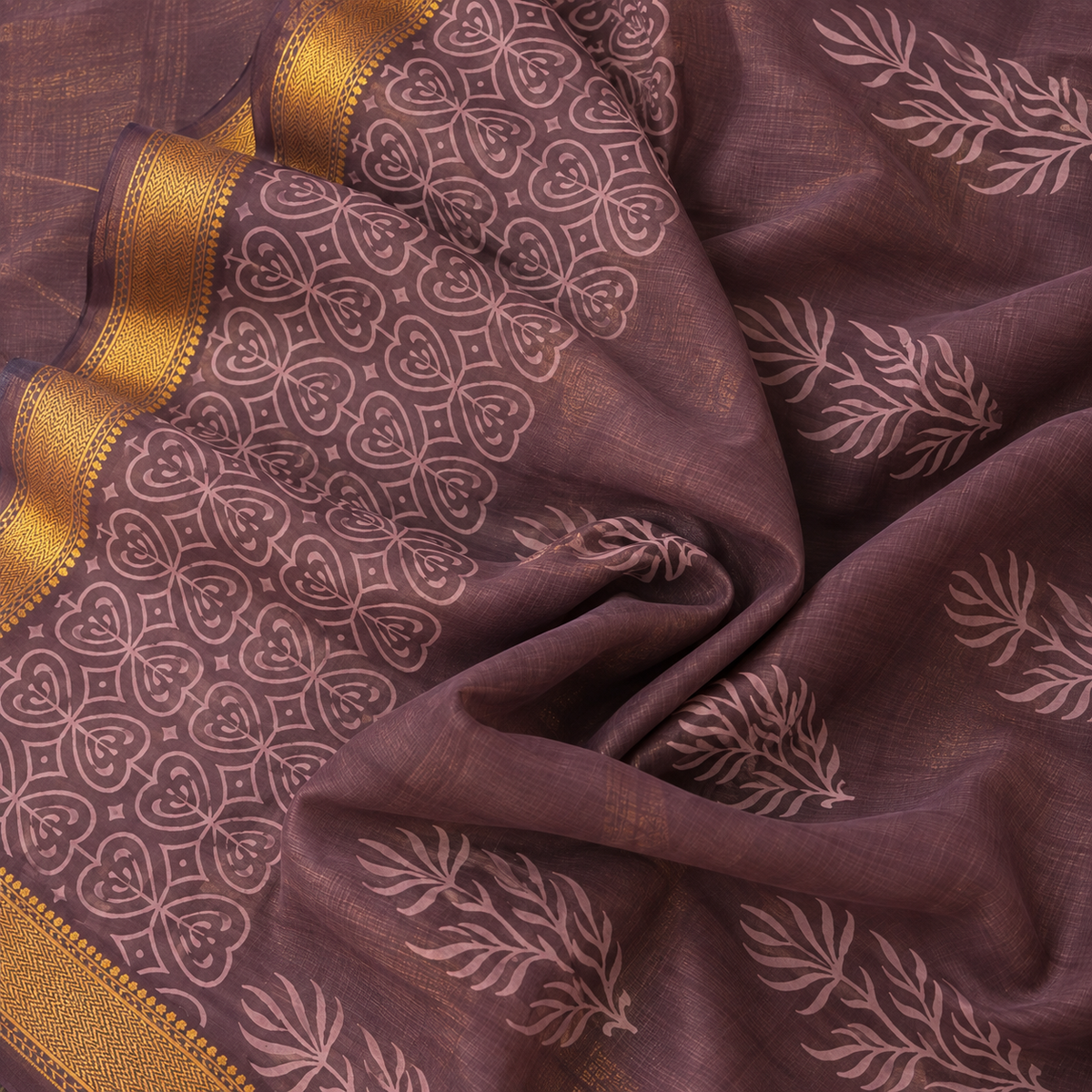 “SANDHYA (संध्या  ) ” Dusky Mauve Hand Block Printed Maheshwari Silk Saree