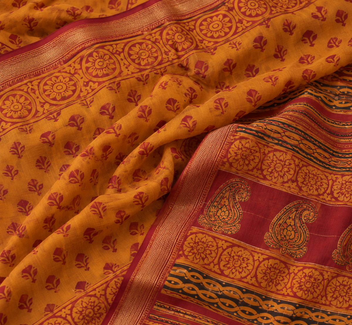 “KESARI (केसरी )” Kesar Orange Hand Block Printed Maheshwari Silk Saree