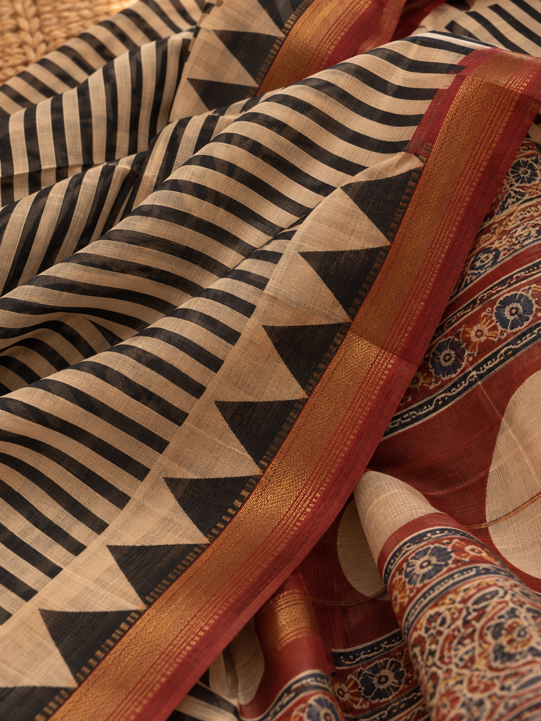 “Rachna (रचना)” Beige and Black Striped Hand Block Printed Saree with Rust Ajrakh Palla