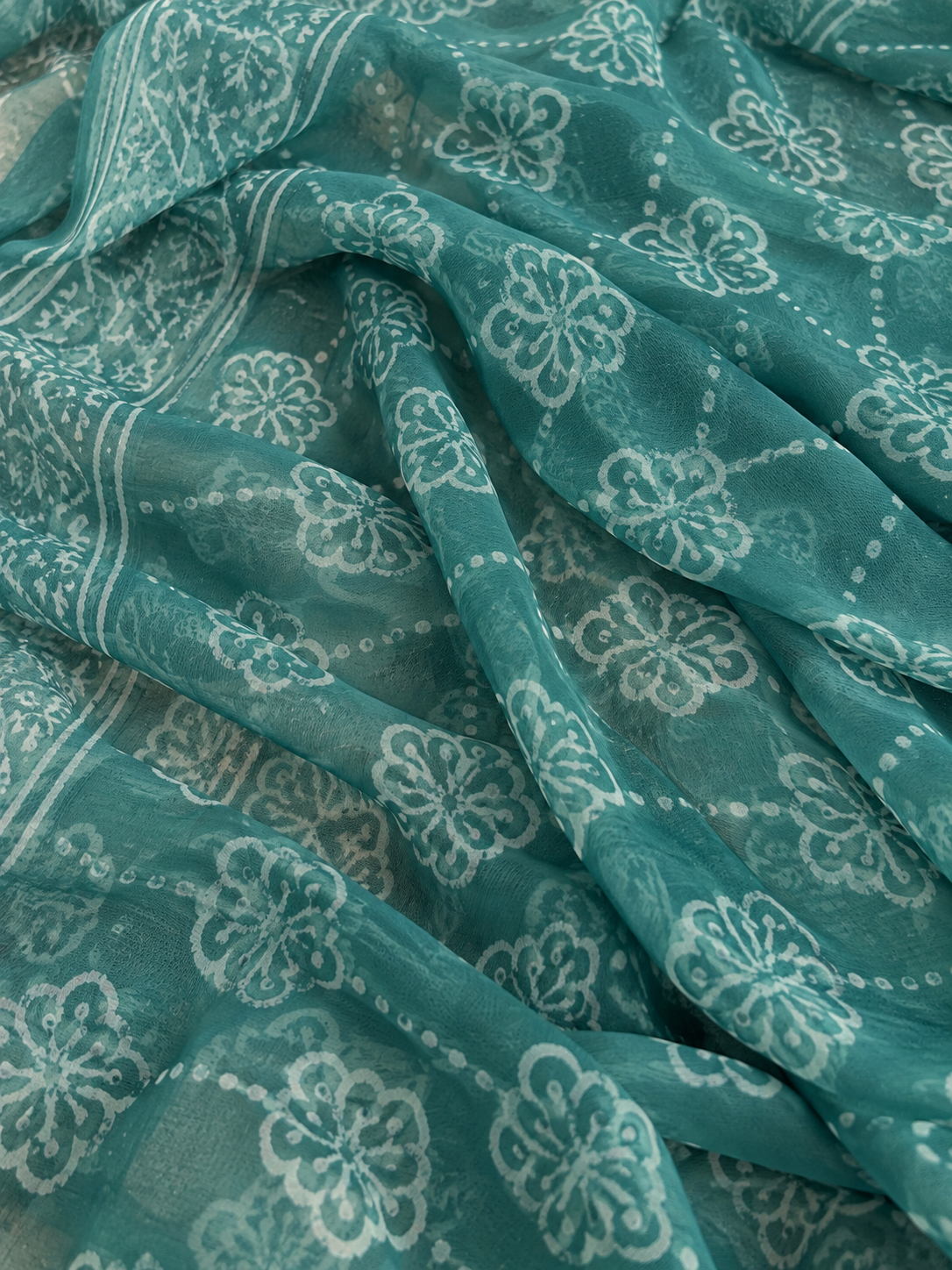 Saba (सबा) Deep Teal-Green Hand Block Printed Pure Chiffon Saree