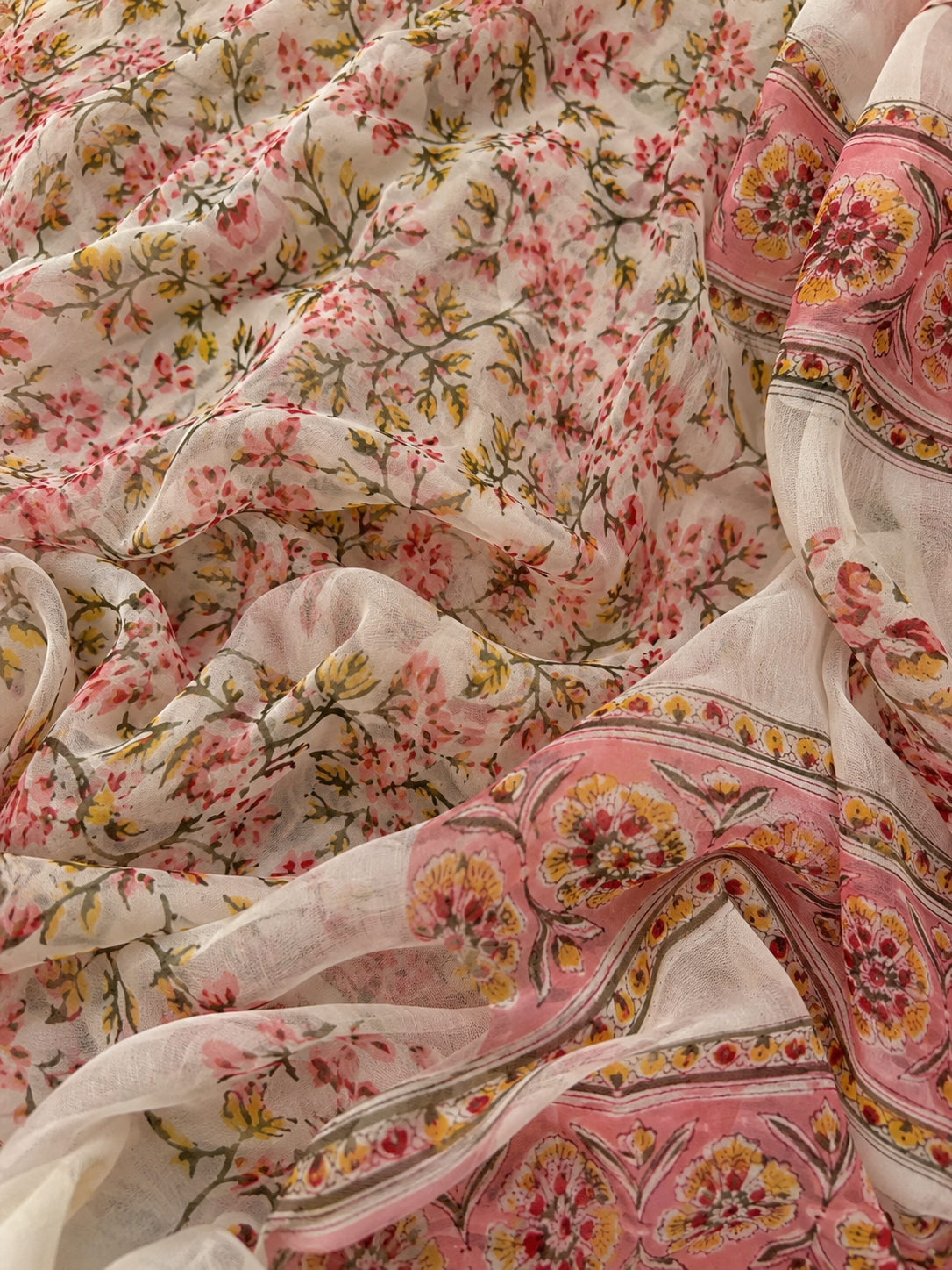 Khushi (खुशी) White & Pink Floral Hand Block Printed Pure Chiffon Saree