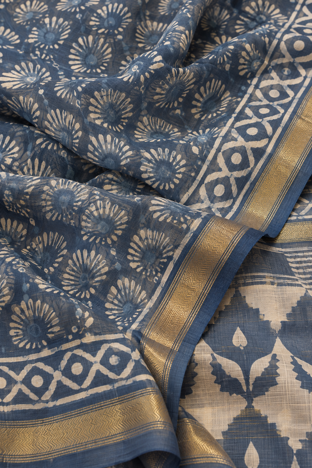 “Neelam (नीलम)” Indigo-Grey Hand Block Printed Maheshwari Silk