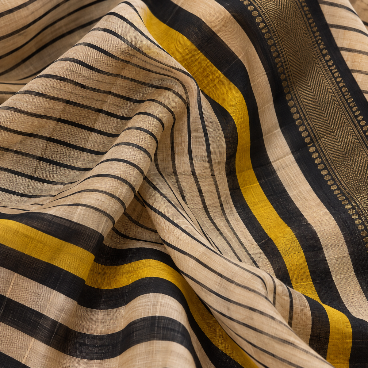 “Rekha (रेखा)” Beige Hand Block Printed Maheshwari Silk