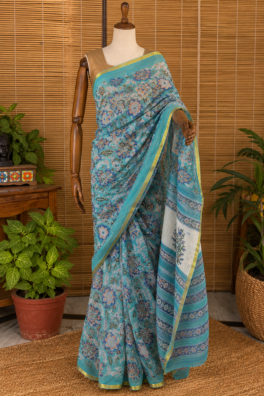 Sakhi (सखी ) Blue-Green Floral Hand Block Printed Pure Chiffon Saree