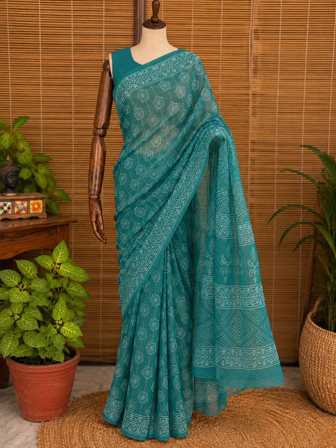 Saba (सबा) Deep Teal-Green Hand Block Printed Pure Chiffon Saree