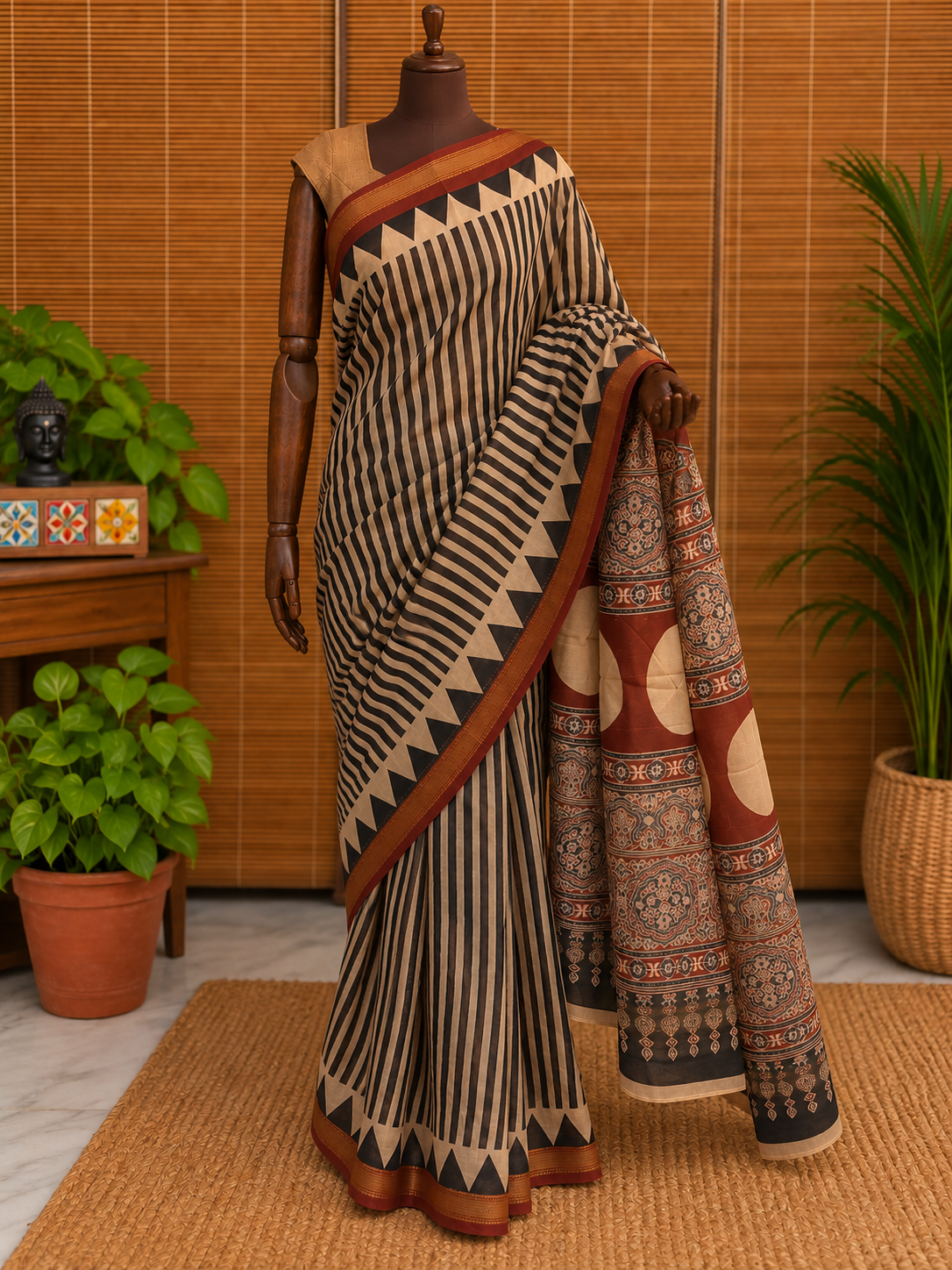 “Rachna (रचना)” Beige and Black Striped Hand Block Printed Saree with Rust Ajrakh Palla