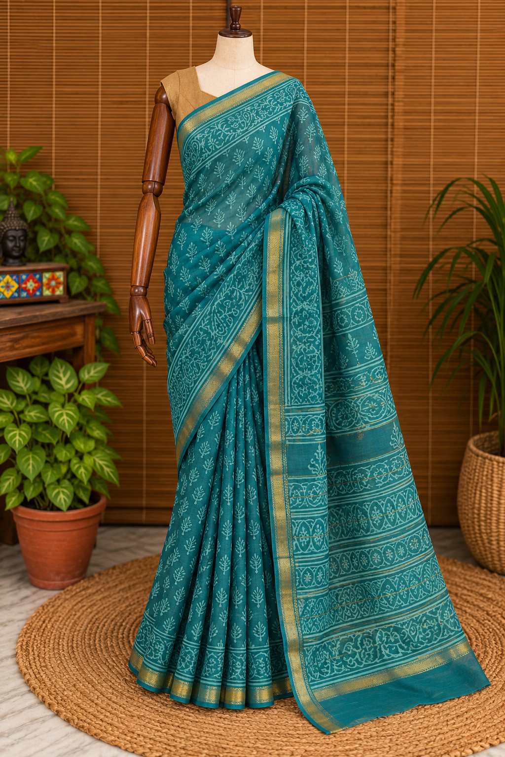 “BARKHA (बरखा) ”Teal Hand Block Printed Maheshwari Silk Saree