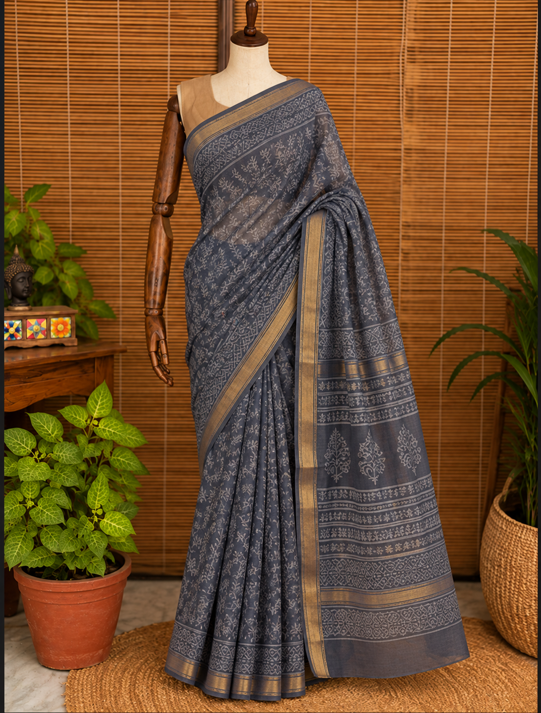 “CHHAYA (छाया ) ” Charcoal Grey Hand Block Printed Maheshwari Silk Saree