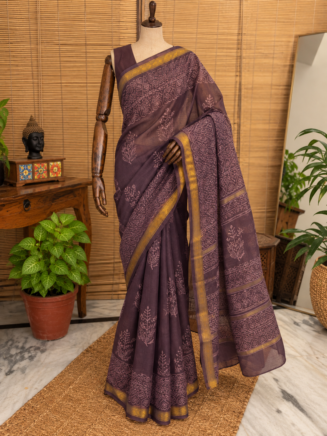 “SANDHYA (संध्या  ) ” Dusky Mauve Hand Block Printed Maheshwari Silk Saree