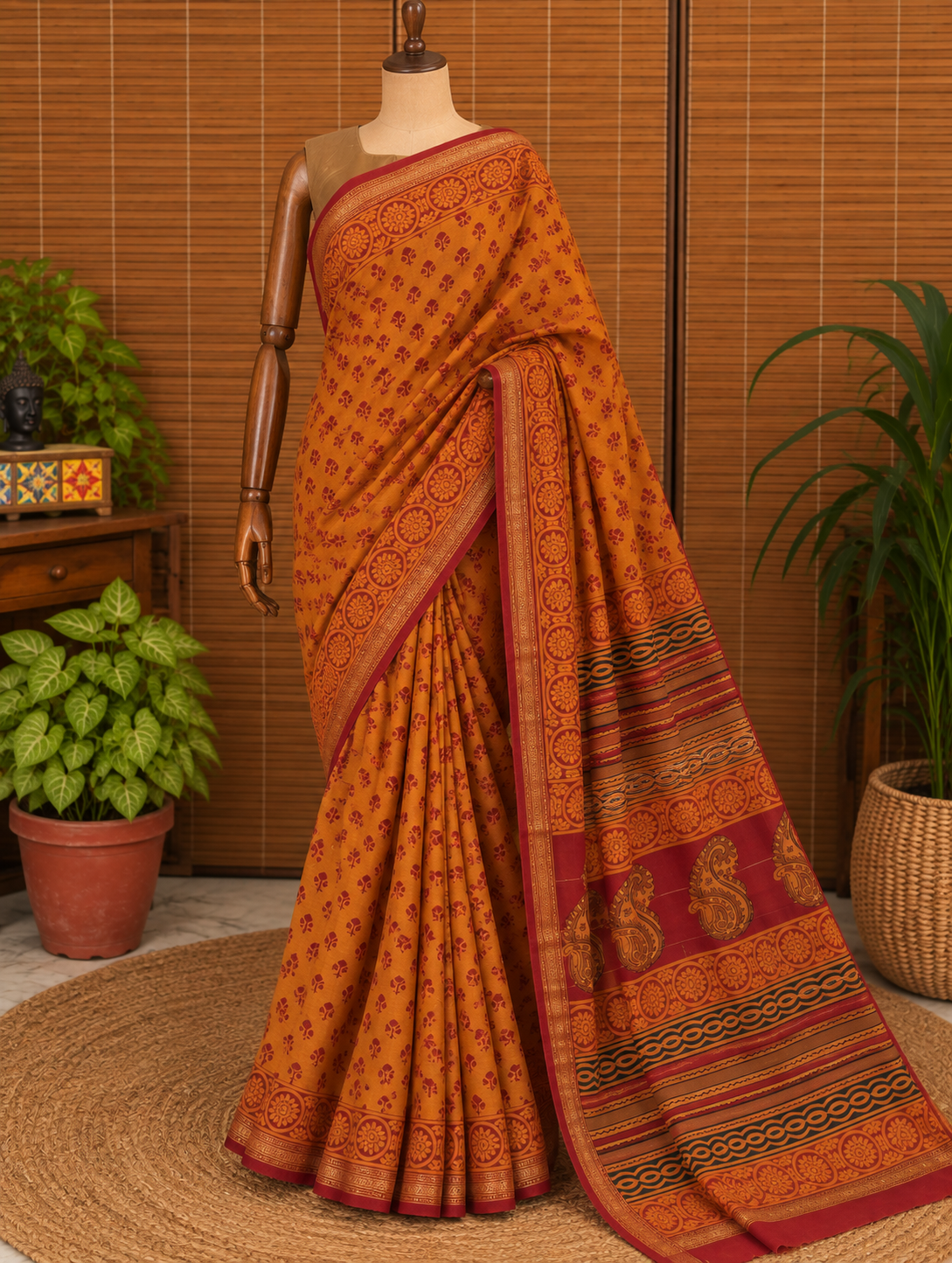 “KESARI (केसरी )” Kesar Orange Hand Block Printed Maheshwari Silk Saree