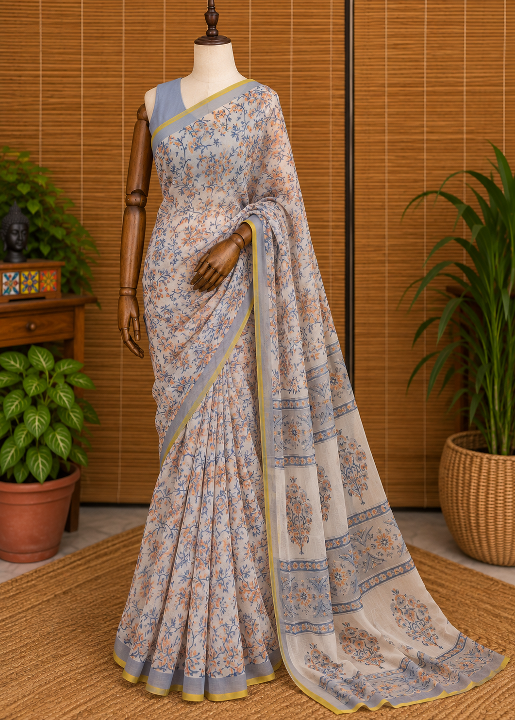 Maahi (माही) White & Blue Floral Hand Block Printed Pure Chiffon Saree