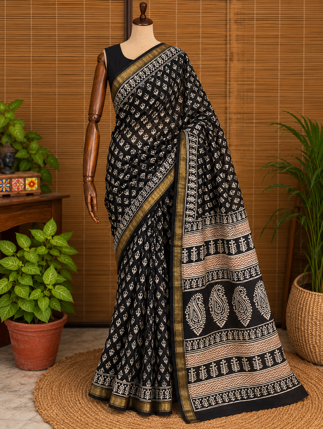 “Shama (शमा)” Black Hand Block Printed Maheshwari Silk