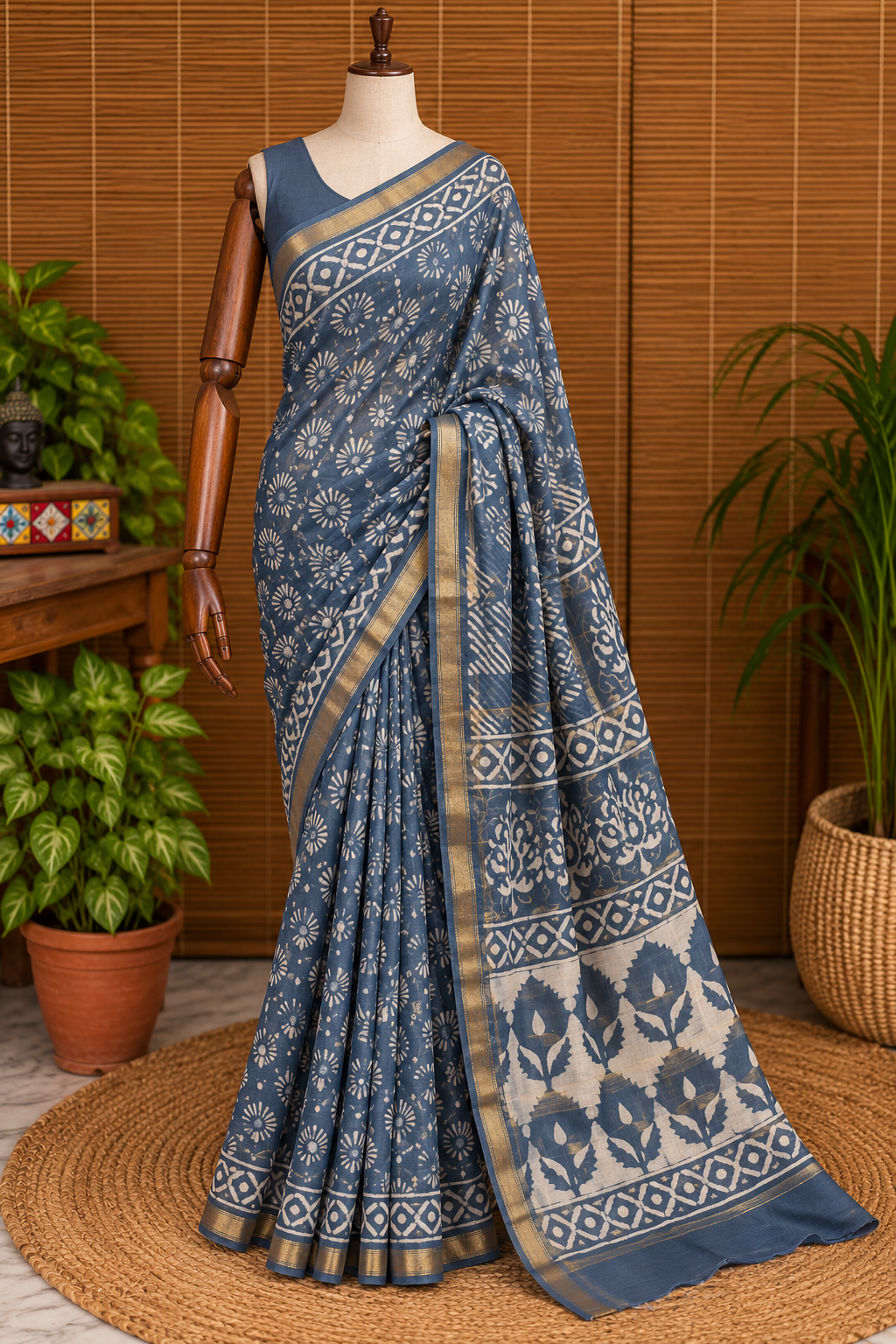 “Neelam (नीलम)” Indigo-Grey Hand Block Printed Maheshwari Silk
