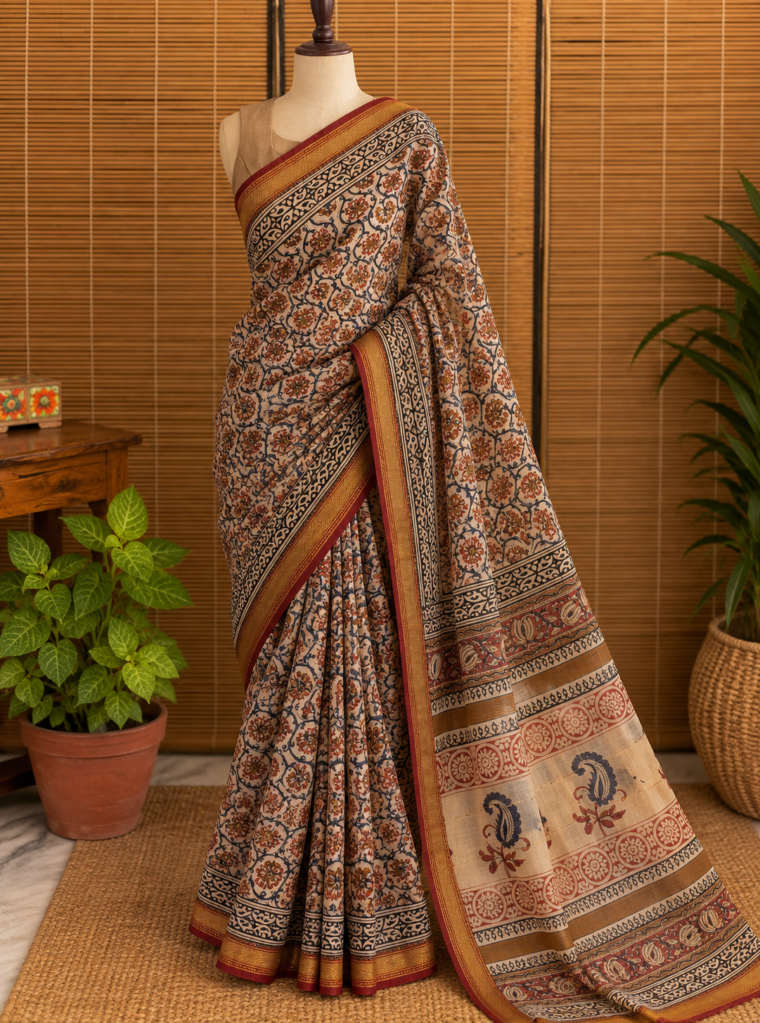 “Kasturi (कस्तूरी)”  Beige Hand Block Printed Maheshwari Silk
