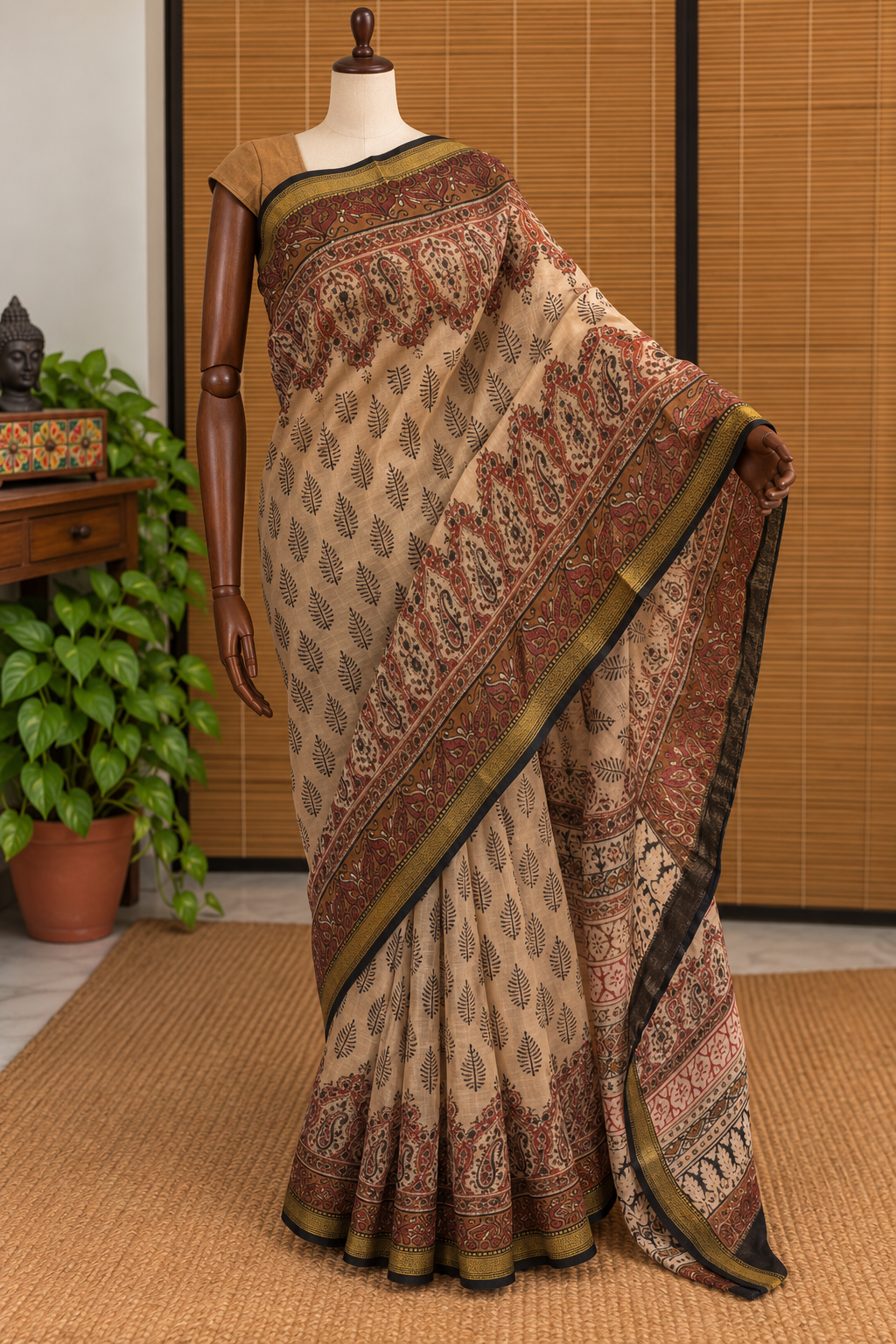 “Zeenat (ज़ीनत)” Beige Hand Block Printed Maheshwari Silk