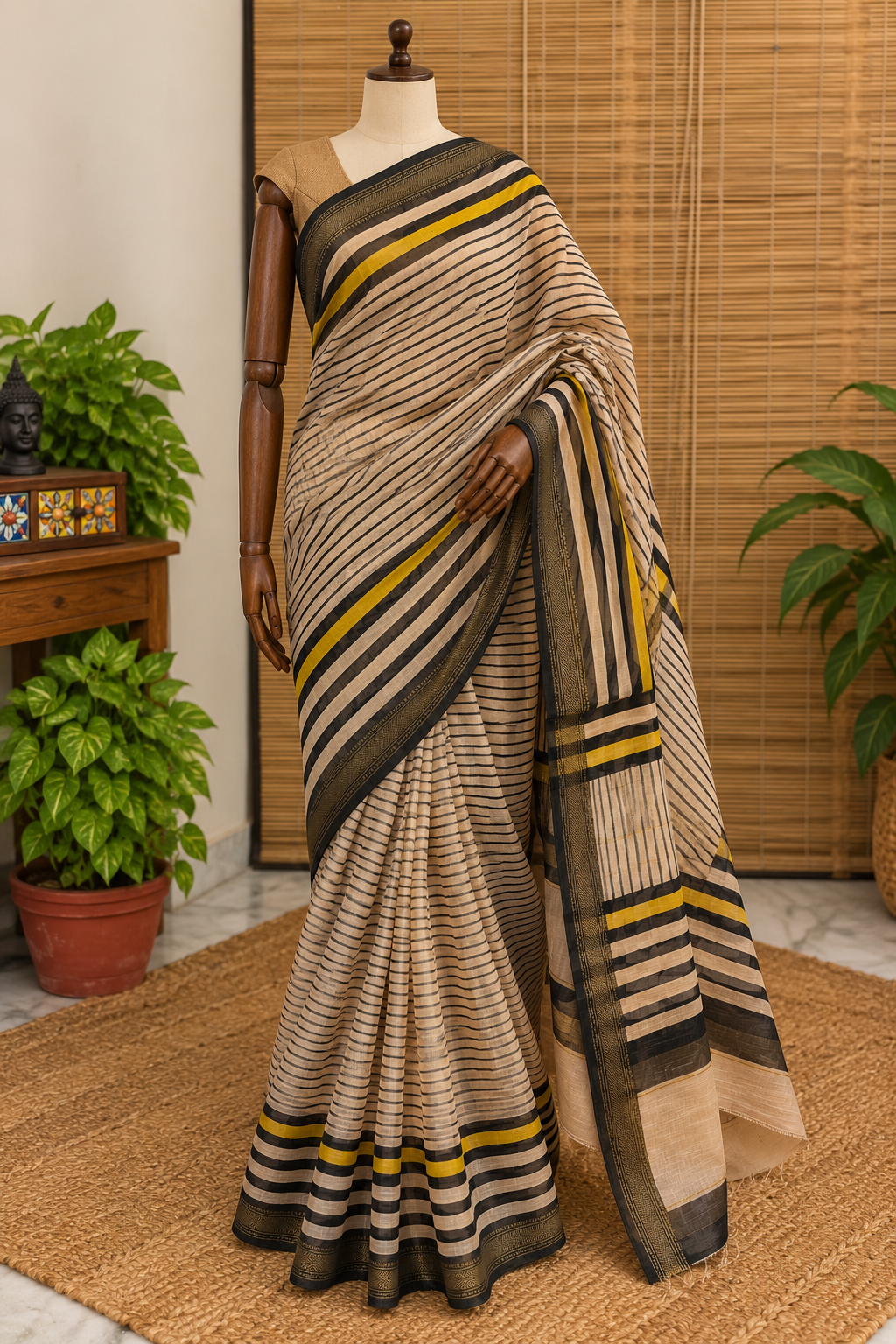 “Rekha (रेखा)” Beige Hand Block Printed Maheshwari Silk