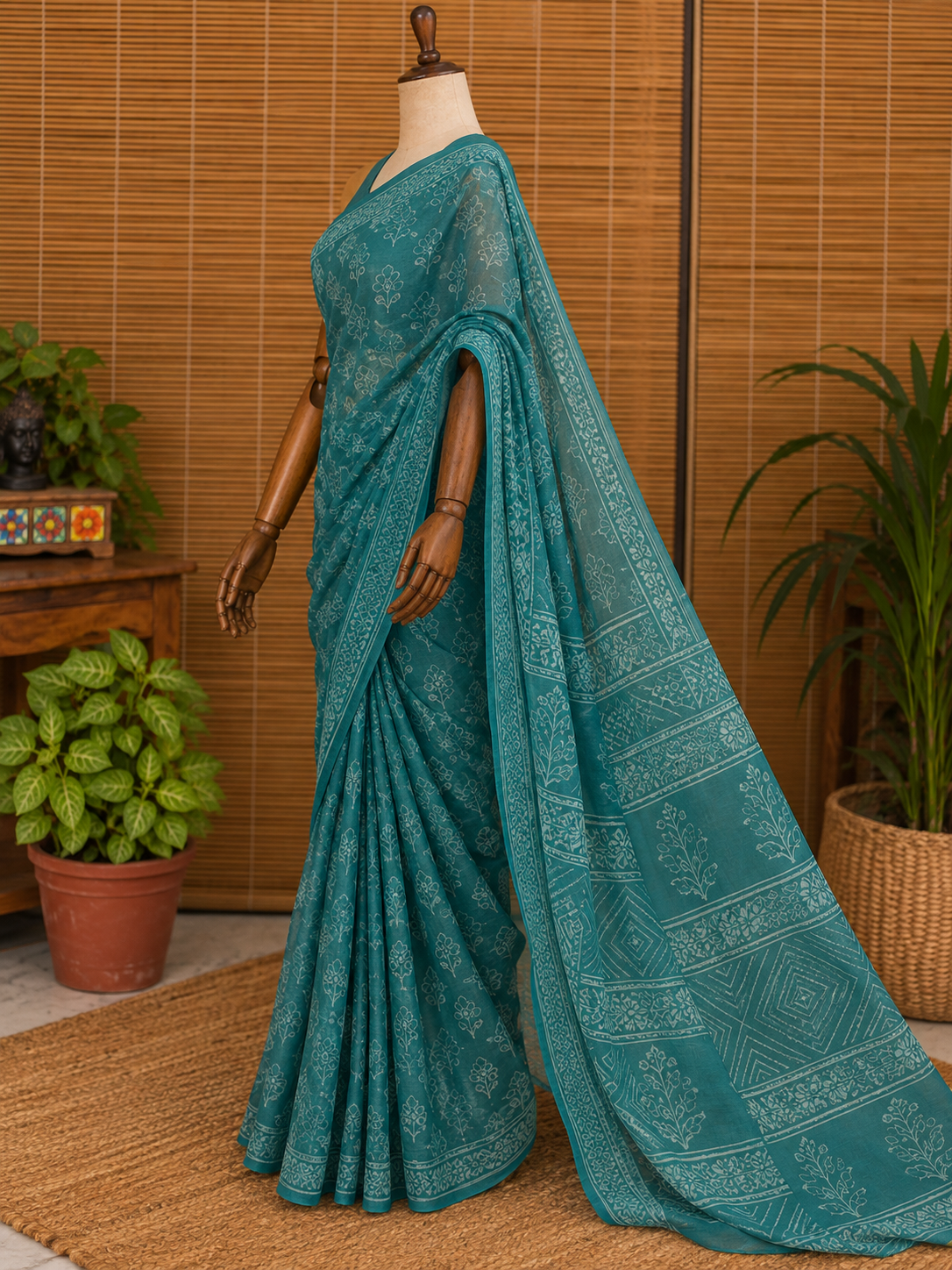 Saba (सबा) Deep Teal-Green Hand Block Printed Pure Chiffon Saree