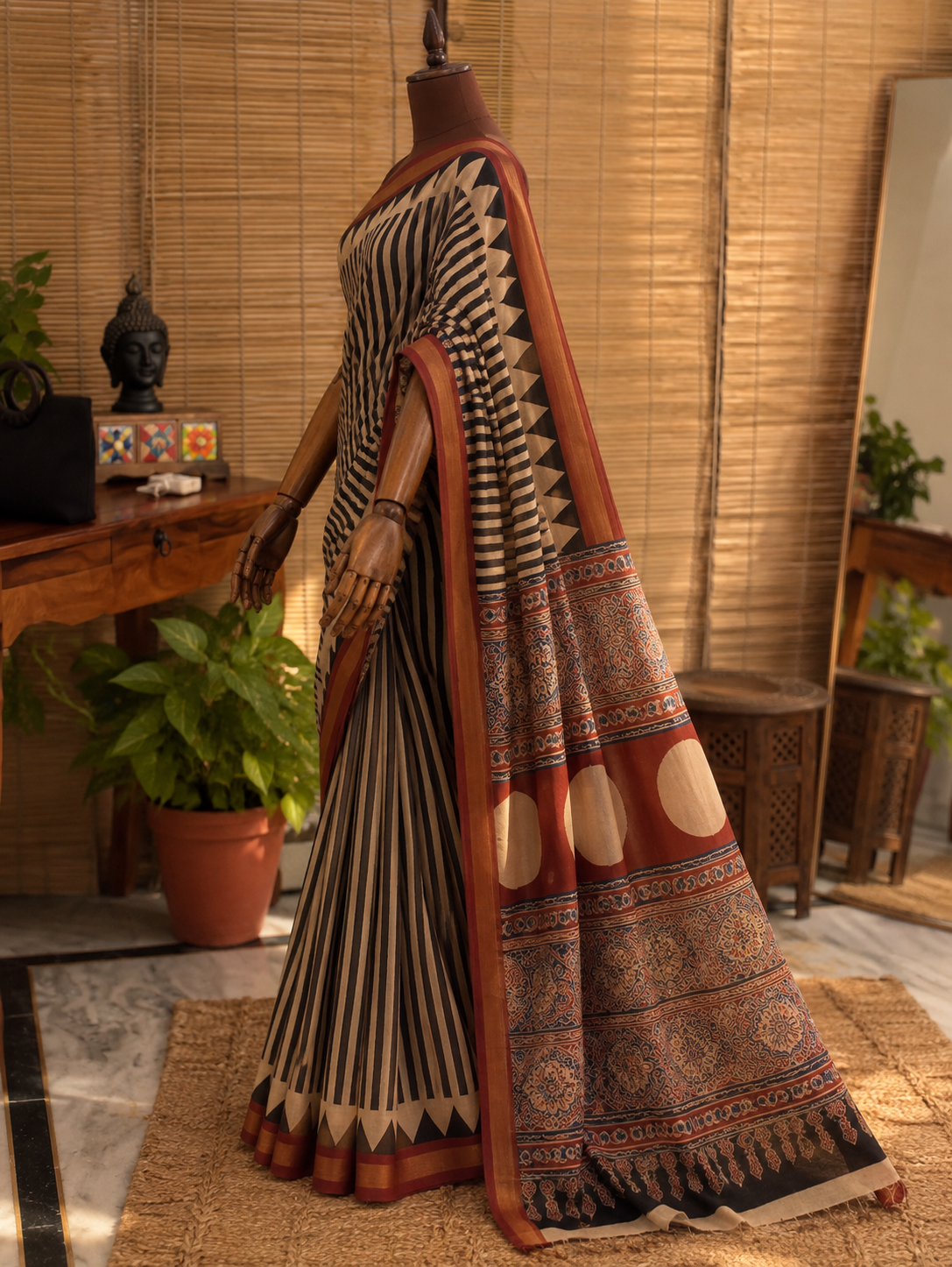 “Rachna (रचना)” Beige and Black Striped Hand Block Printed Saree with Rust Ajrakh Palla