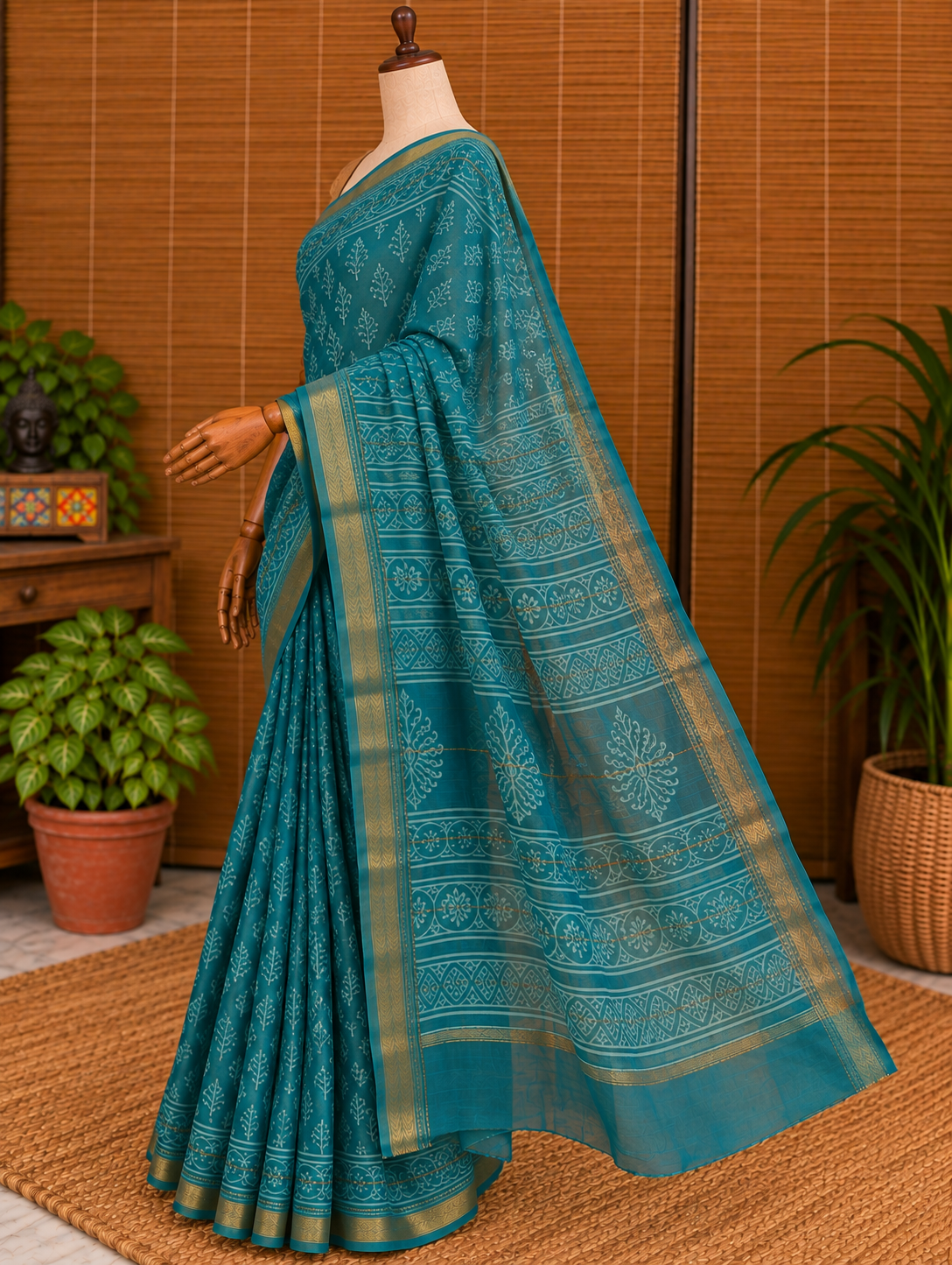 “BARKHA (बरखा) ”Teal Hand Block Printed Maheshwari Silk Saree