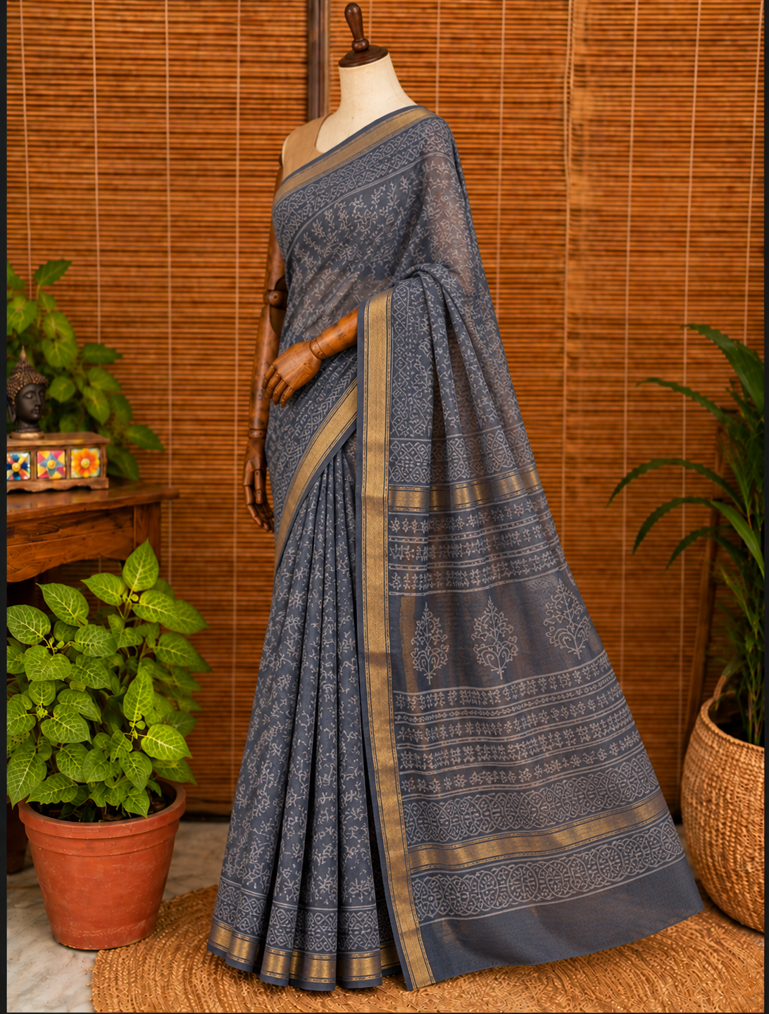 “CHHAYA (छाया ) ” Charcoal Grey Hand Block Printed Maheshwari Silk Saree