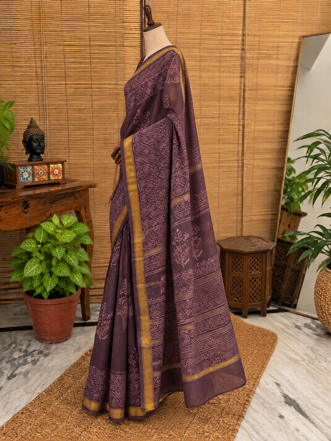 “SANDHYA (संध्या  ) ” Dusky Mauve Hand Block Printed Maheshwari Silk Saree