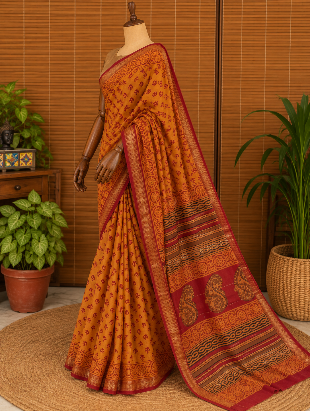 “KESARI (केसरी )” Kesar Orange Hand Block Printed Maheshwari Silk Saree