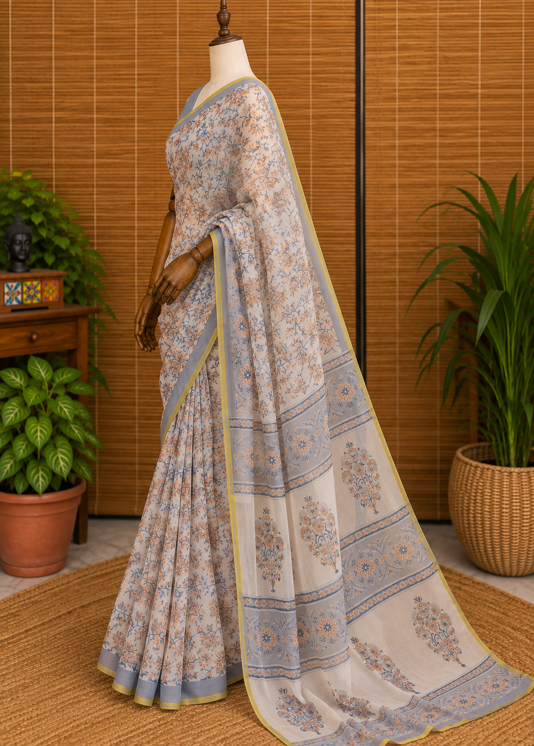 Maahi (माही) White & Blue Floral Hand Block Printed Pure Chiffon Saree
