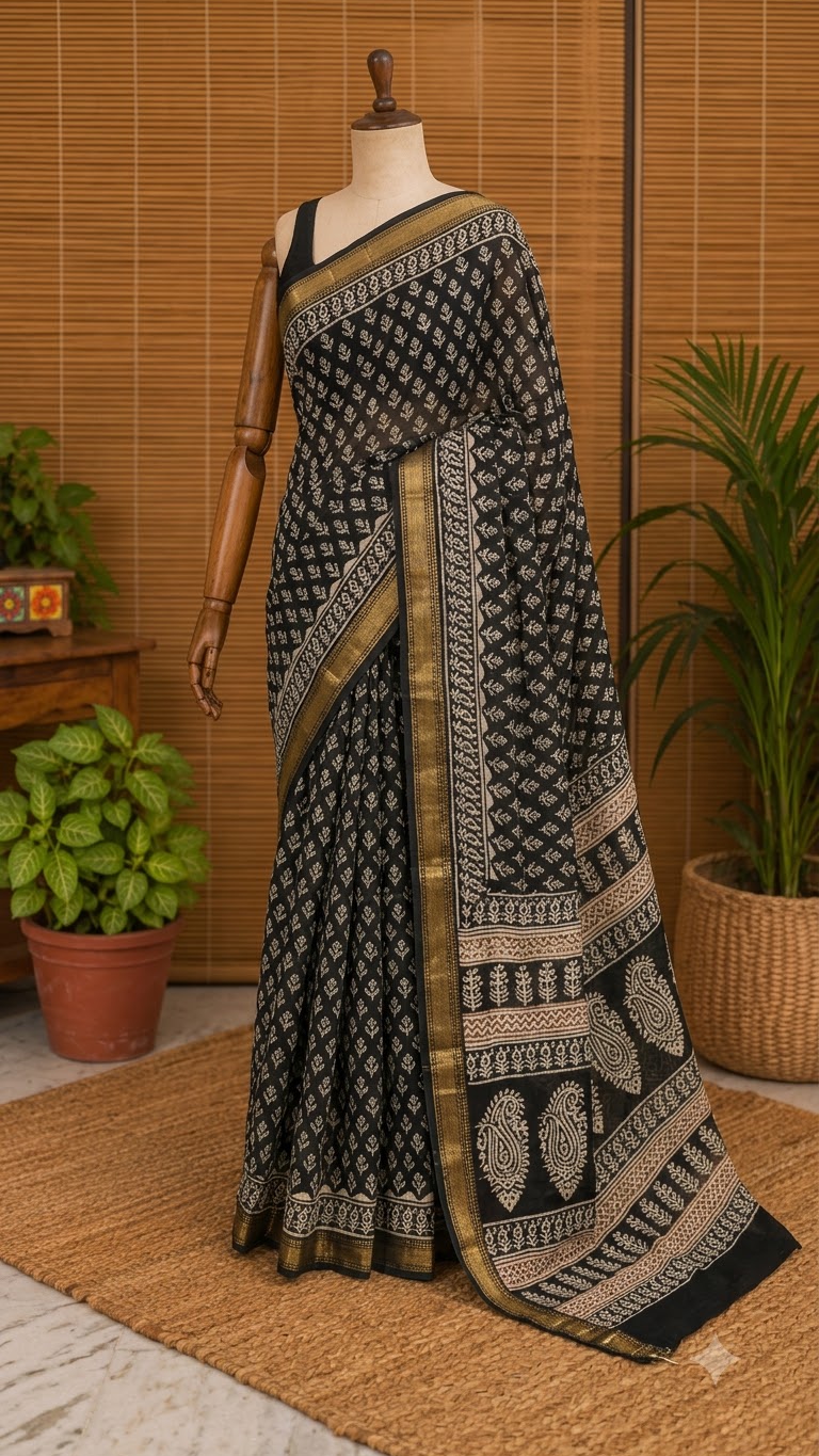 “Shama (शमा)” Black Hand Block Printed Maheshwari Silk