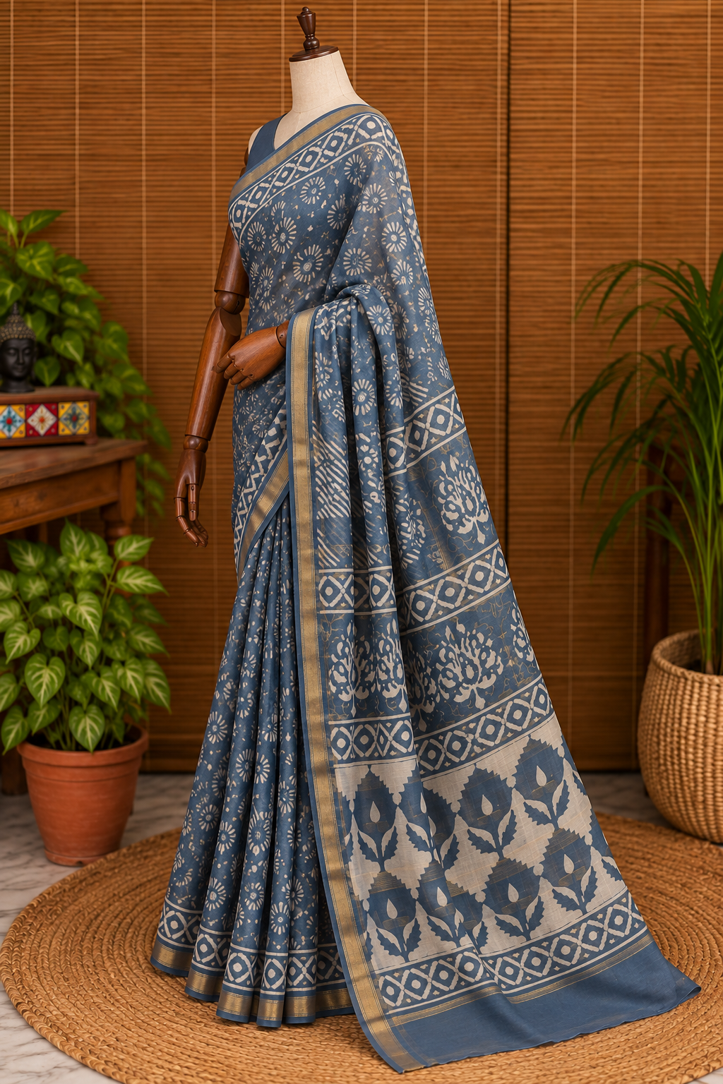 “Neelam (नीलम)” Indigo-Grey Hand Block Printed Maheshwari Silk