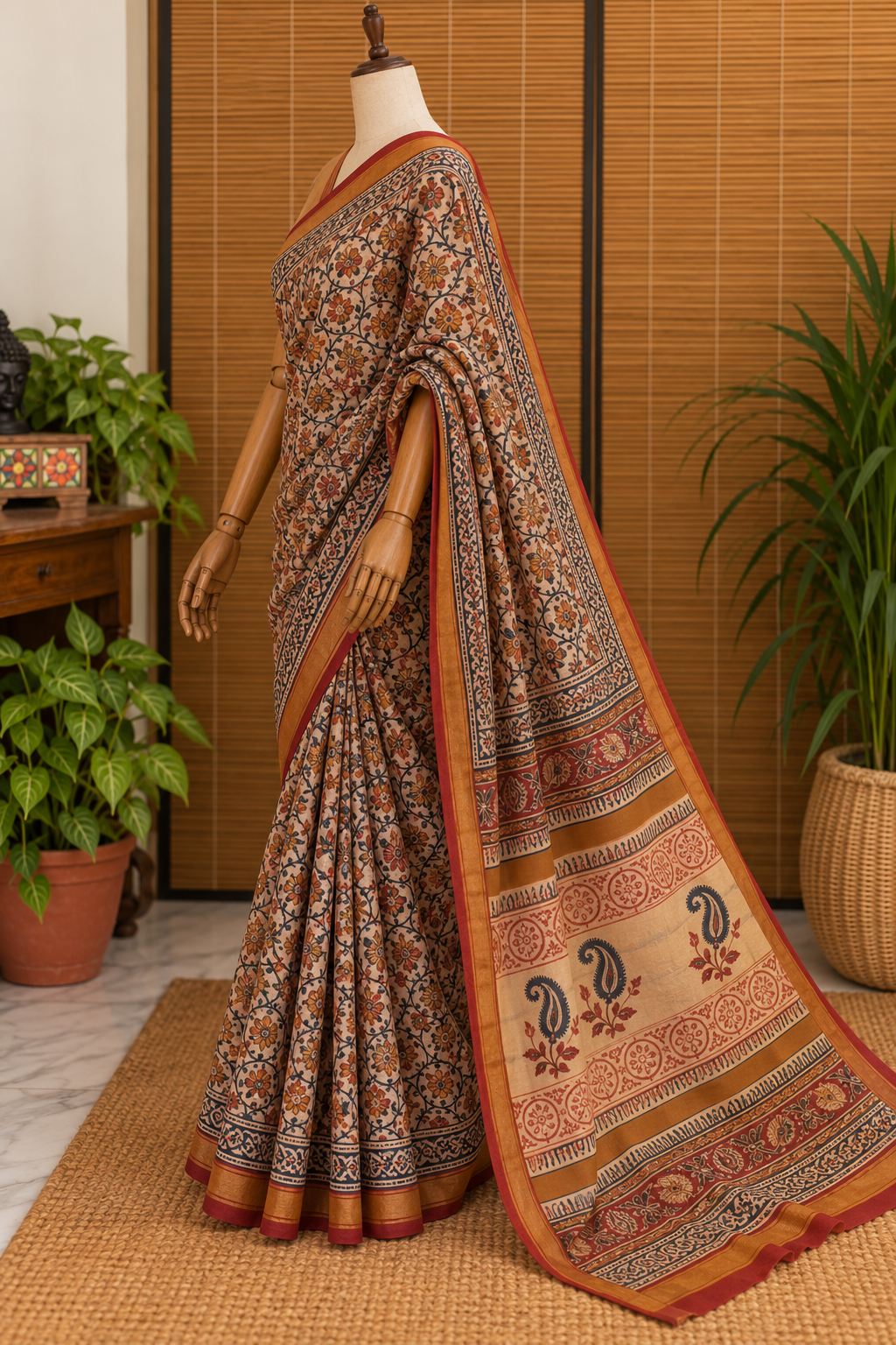“Kasturi (कस्तूरी)”  Beige Hand Block Printed Maheshwari Silk
