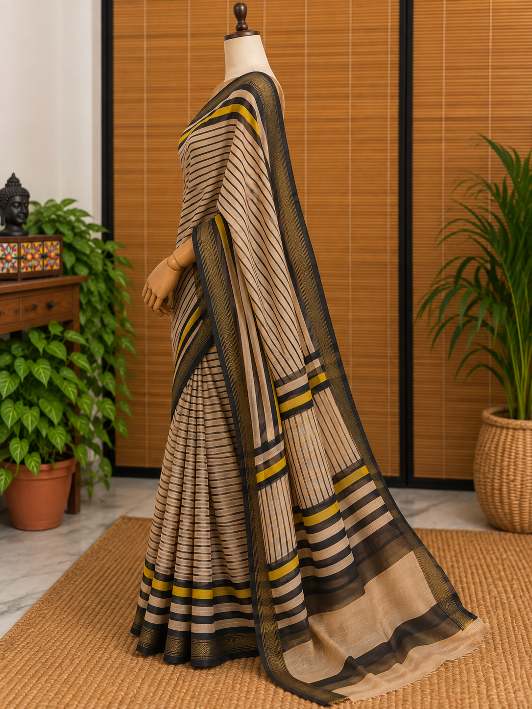 “Rekha (रेखा)” Beige Hand Block Printed Maheshwari Silk