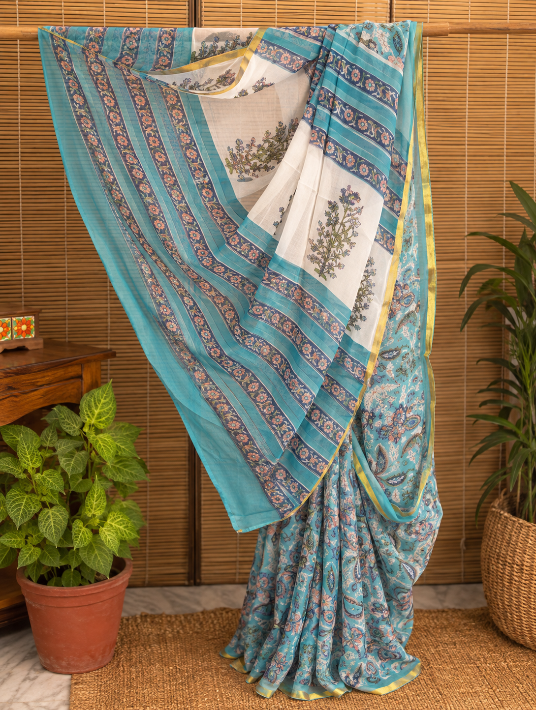 Sakhi (सखी ) Blue-Green Floral Hand Block Printed Pure Chiffon Saree